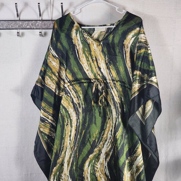 Bobbie Brooks Vtg Green Black Gold Abstract Stripe Cinch Waist Poly Kaftan OSFM - Picture 3 of 16